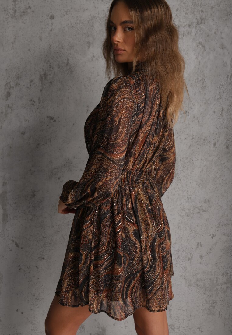 retro & icone Rochie Negru-Bej Cambrată cu Croială Cloș cu Mâneci Transparente și Guler Înalt Relabia