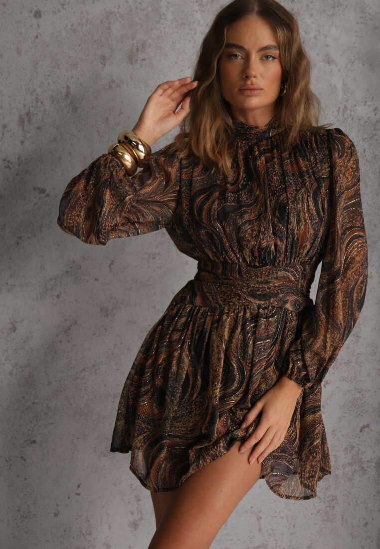 retro & icone Rochie Negru-Bej Cambrată cu Croială Cloș cu Mâneci Transparente și Guler Înalt Relabia