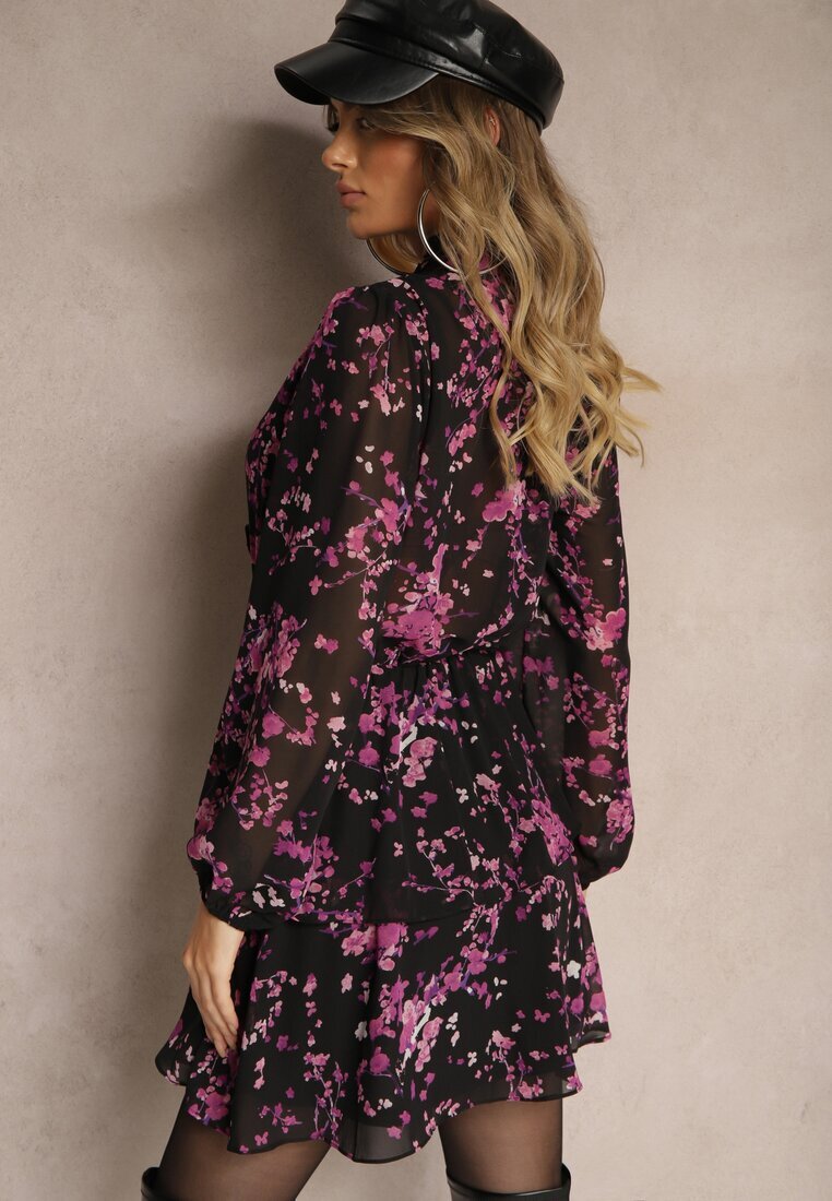 retro & icone Rochie Negru-Mov cu croială evazată cu flori cu elastic în talie decorată cu volane Zinilita