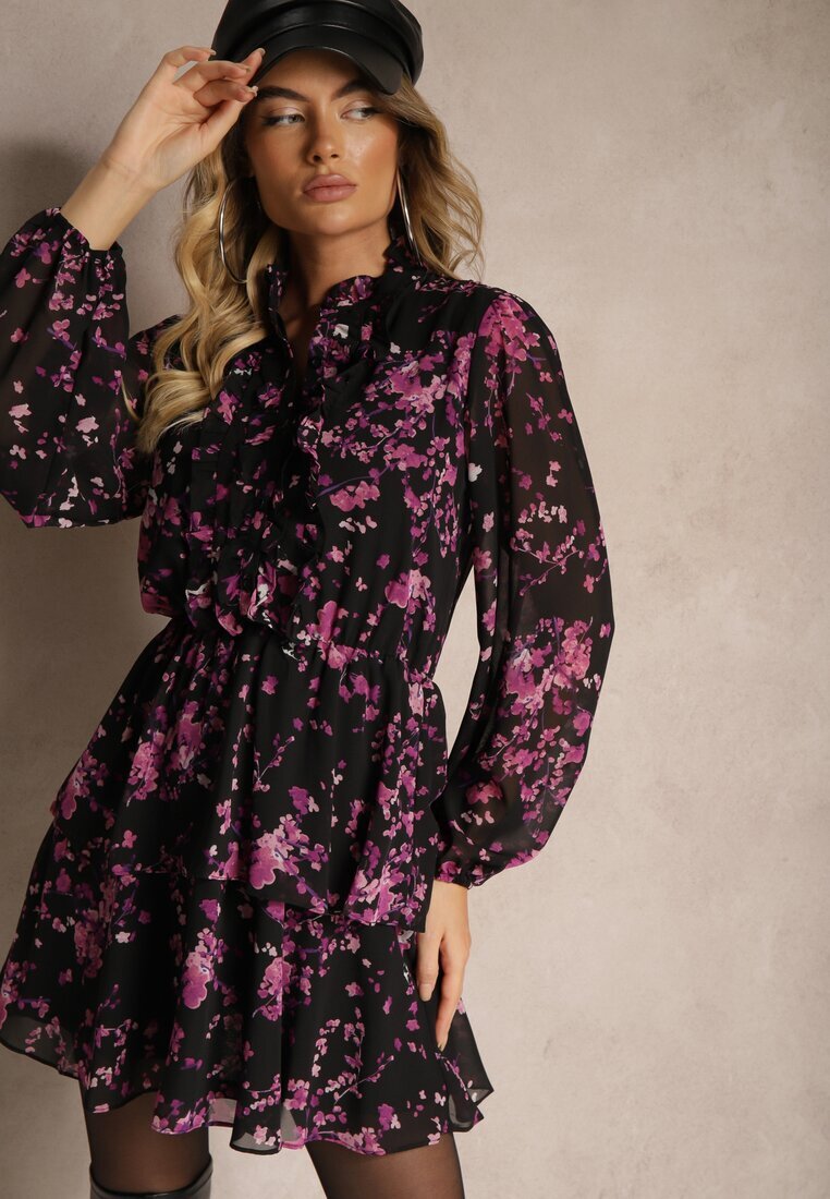 retro & icone Rochie Negru-Mov cu croială evazată cu flori cu elastic în talie decorată cu volane Zinilita