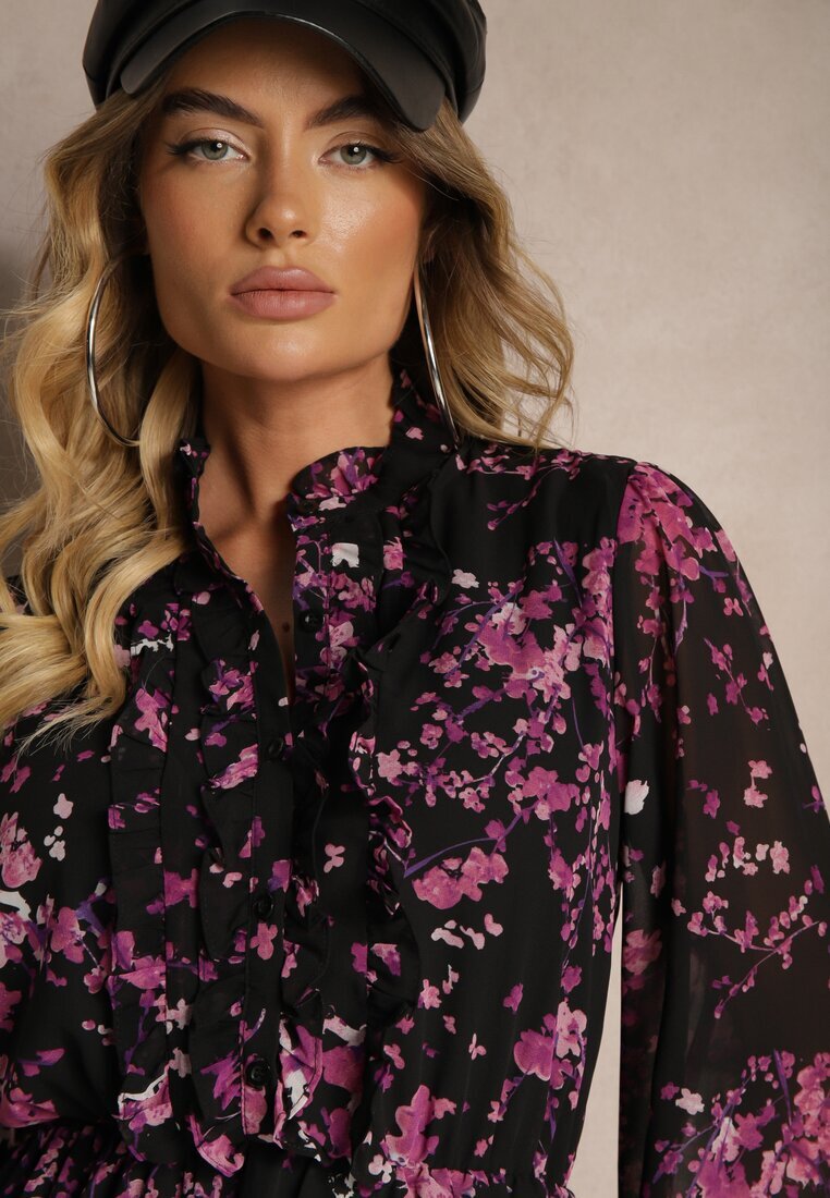 retro & icone Rochie Negru-Mov cu croială evazată cu flori cu elastic în talie decorată cu volane Zinilita