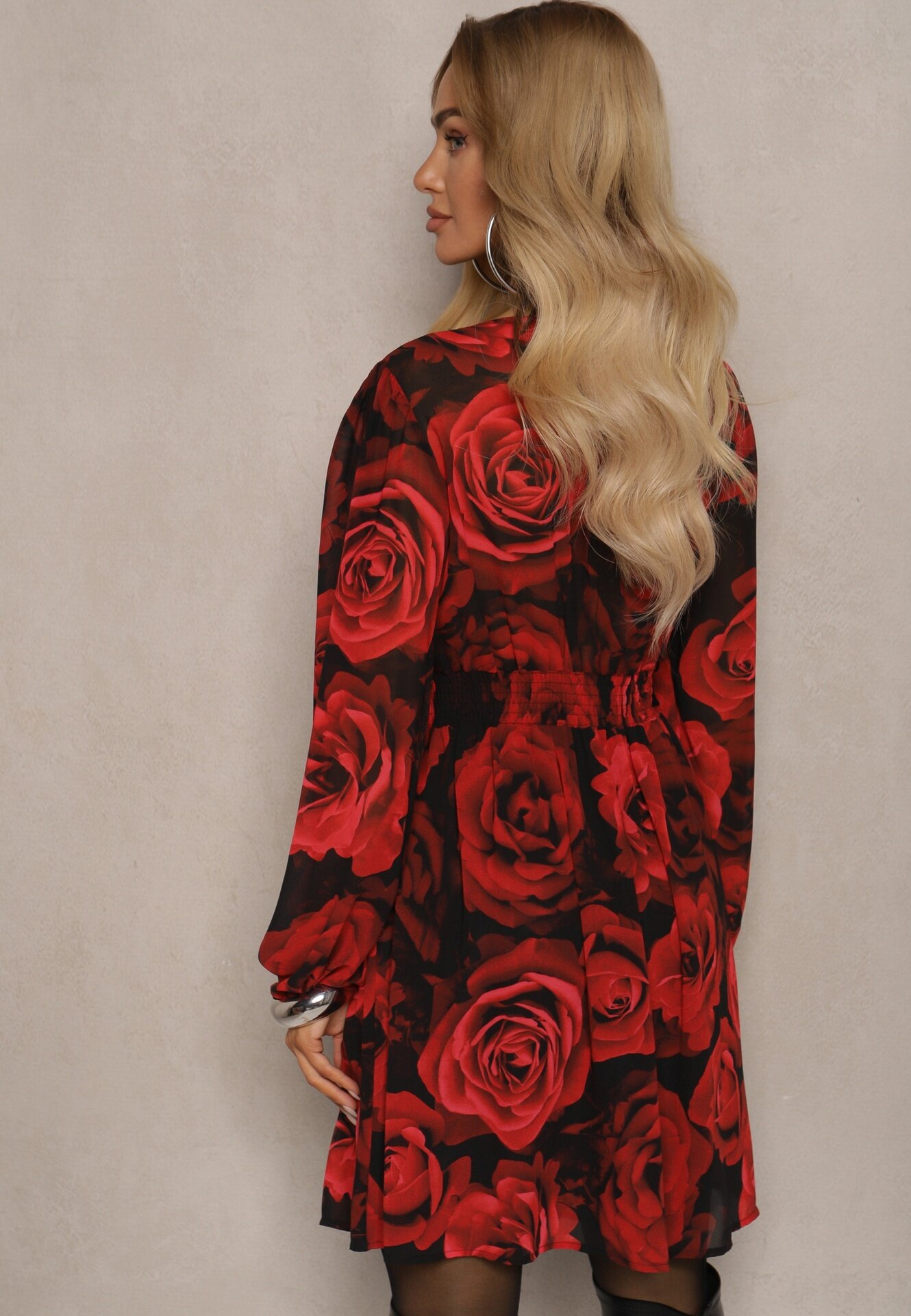 retro & icone Rochie Negru-Roșie cu Trandafiri cu Croială Cloș cu Volane și Mâneci Bufante Senithwen