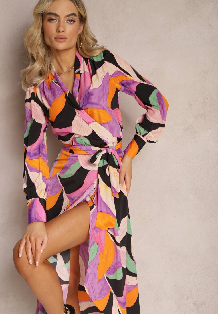 retro & icone Rochie Negru-Roz Cloș Midi cu decolteu petrecut cu curea și model abstract Orabella