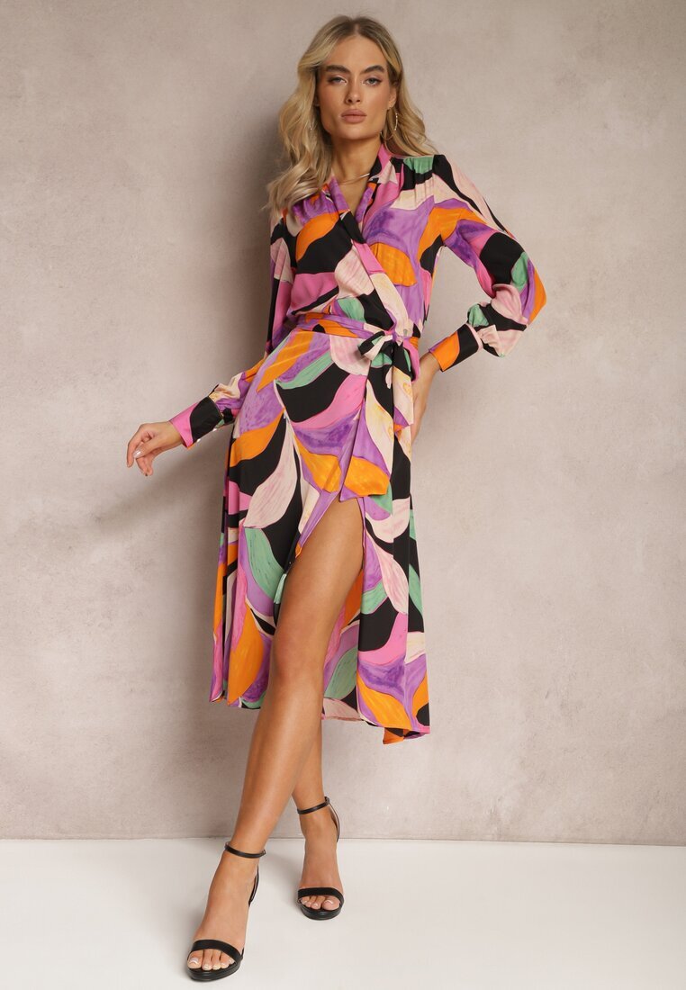retro & icone Rochie Negru-Roz Cloș Midi cu decolteu petrecut cu curea și model abstract Orabella