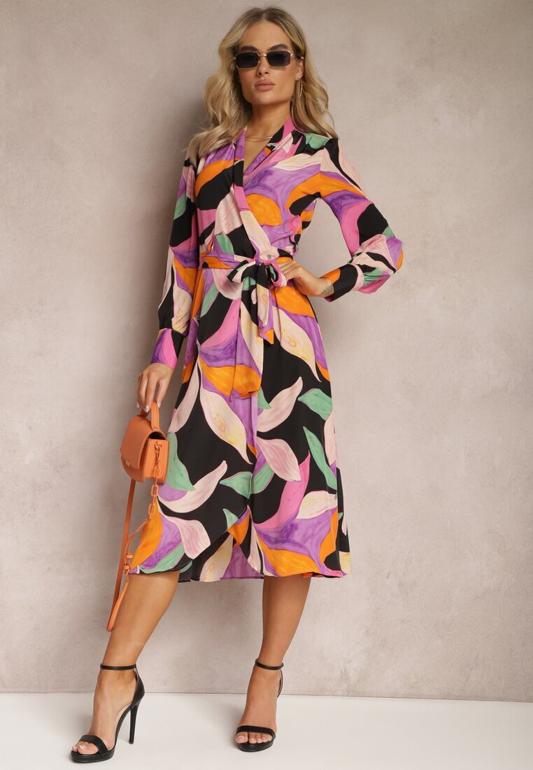 retro & icone Rochie Negru-Roz Cloș Midi cu decolteu petrecut cu curea și model abstract Orabella