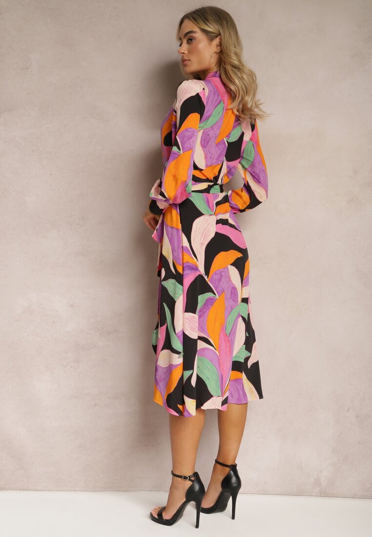 retro & icone Rochie Negru-Roz Cloș Midi cu decolteu petrecut cu curea și model abstract Orabella