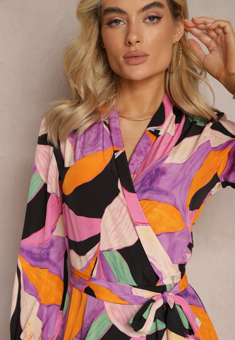retro & icone Rochie Negru-Roz Cloș Midi cu decolteu petrecut cu curea și model abstract Orabella