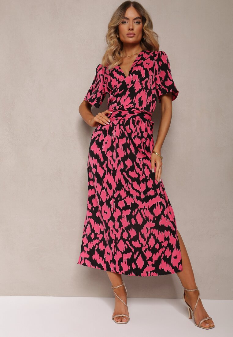 retro & icone Rochie Negru-Roz cu Decolteu suprapus și Decupaje decorative cu elastic în talie și Curea Bonlea