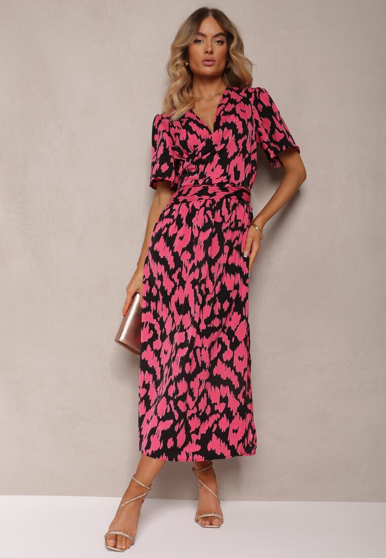 retro & icone Rochie Negru-Roz cu Decolteu suprapus și Decupaje decorative cu elastic în talie și Curea Bonlea