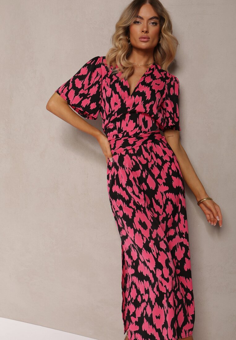 retro & icone Rochie Negru-Roz cu Decolteu suprapus și Decupaje decorative cu elastic în talie și Curea Bonlea