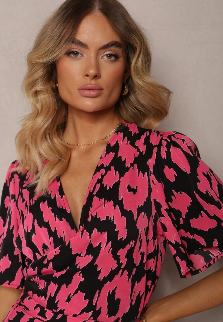 retro & icone Rochie Negru-Roz cu Decolteu suprapus și Decupaje decorative cu elastic în talie și Curea Bonlea