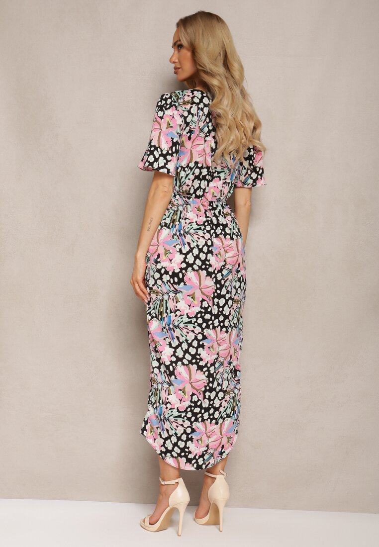 retro & icone Rochie Negru-Roz Florală cu croială petrecută cu elastic în talie și decolteu în V Azila