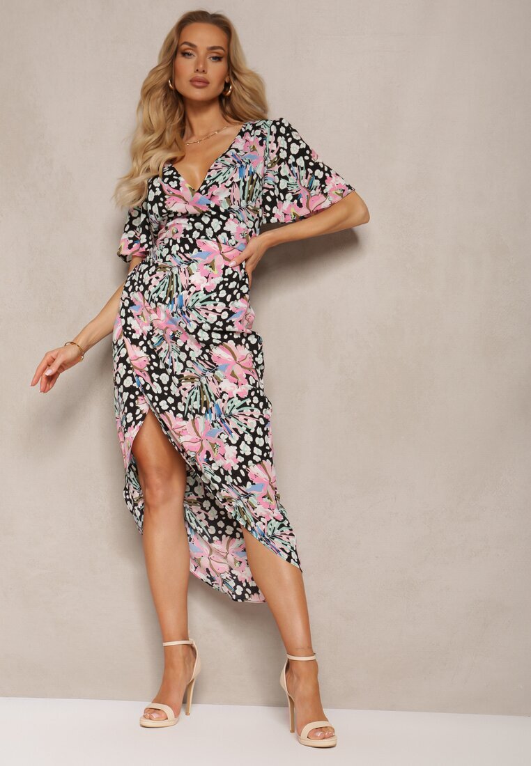 retro & icone Rochie Negru-Roz Florală cu croială petrecută cu elastic în talie și decolteu în V Azila