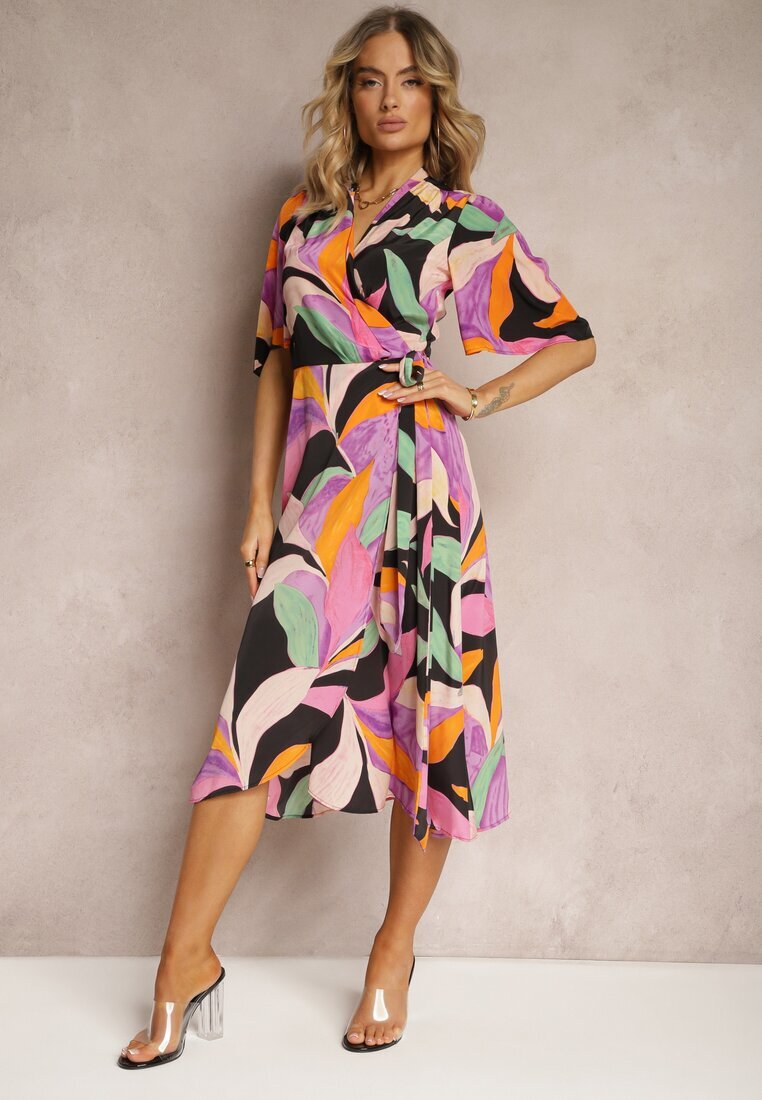 retro & icone Rochie Negru-Violet Petrecută cu Curea Textilă în Talie Ruspia