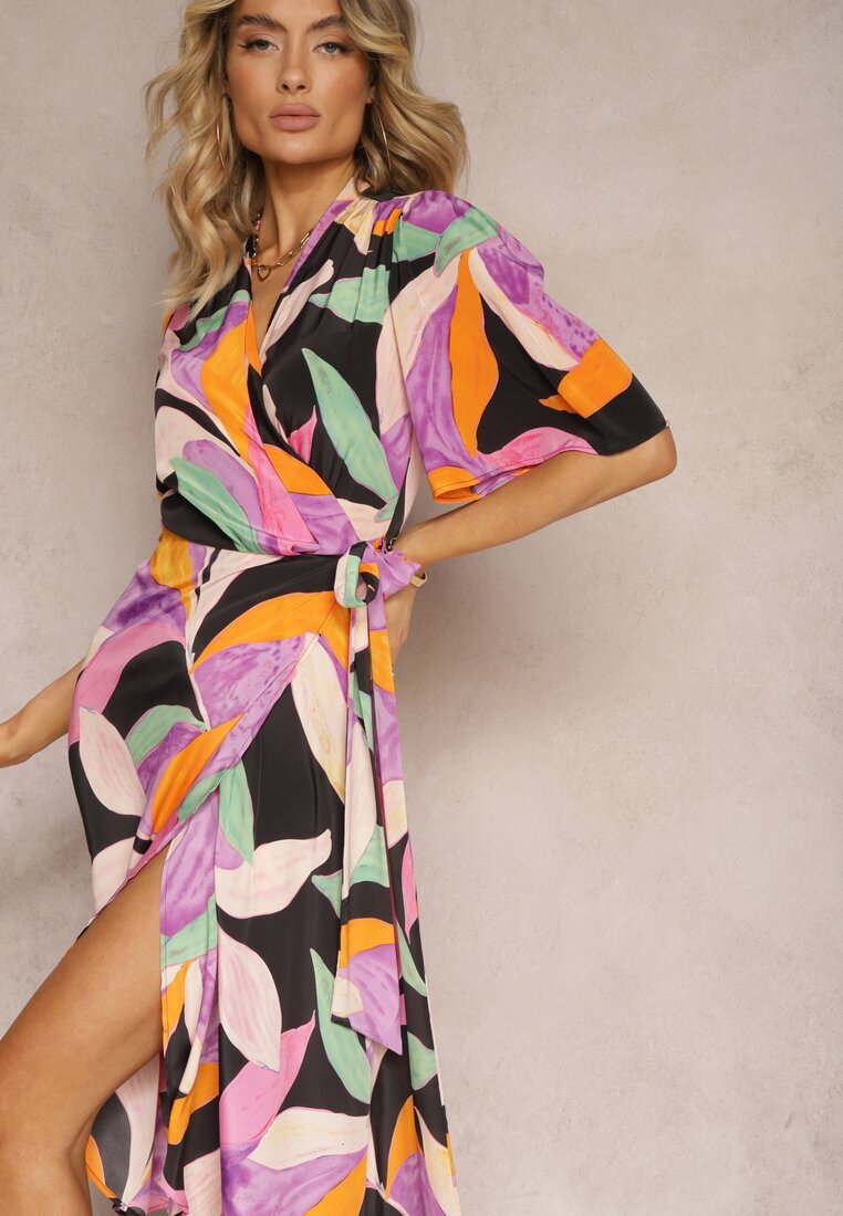 retro & icone Rochie Negru-Violet Petrecută cu Curea Textilă în Talie Ruspia