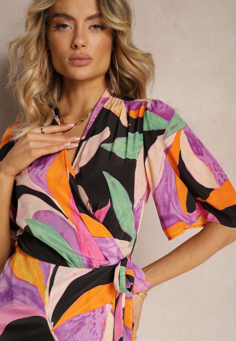 retro & icone Rochie Negru-Violet Petrecută cu Curea Textilă în Talie Ruspia