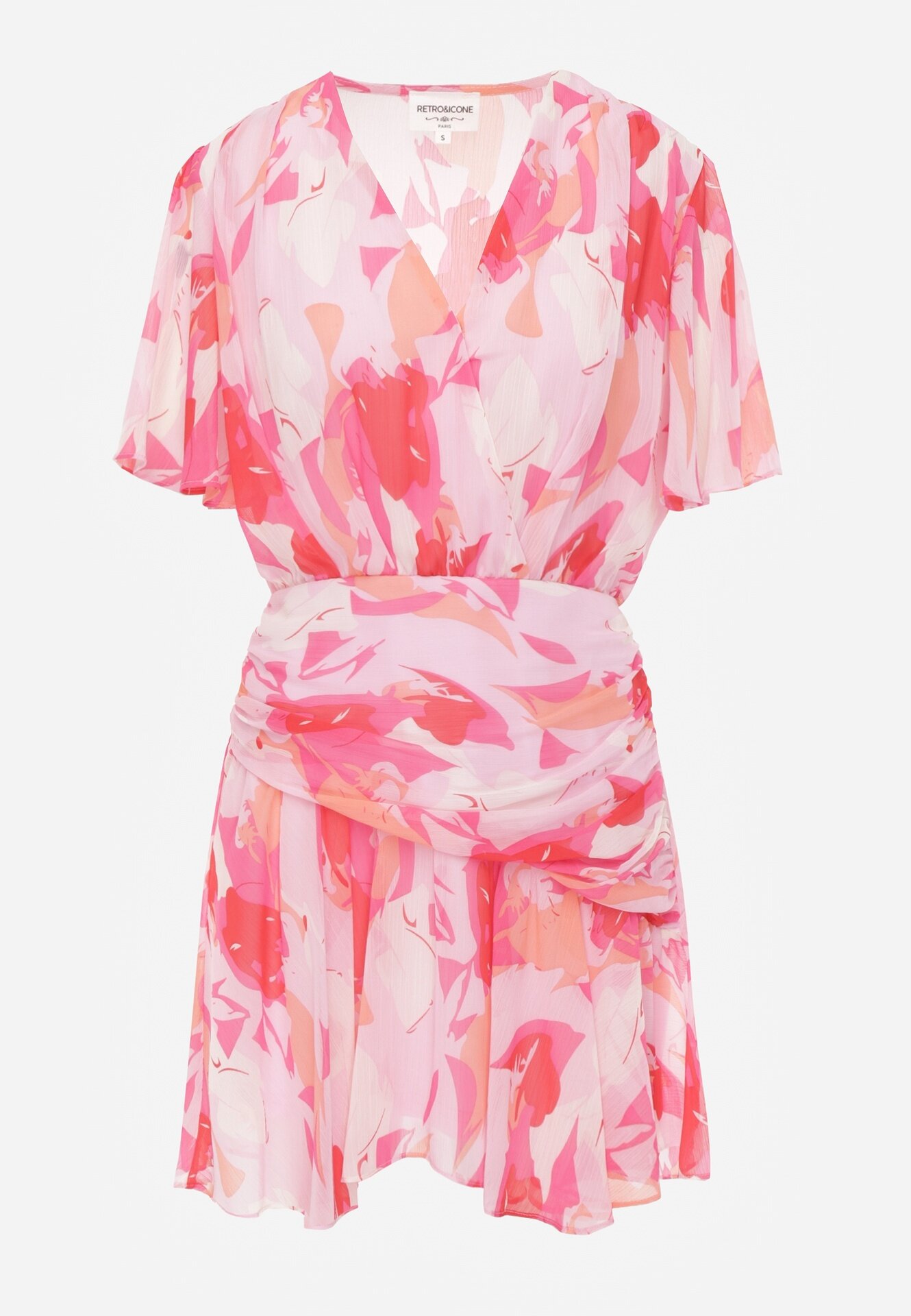 retro & icone Rochie petrecută cu elastic în talie cu imprimeu abstract și volan Kasobe Roz