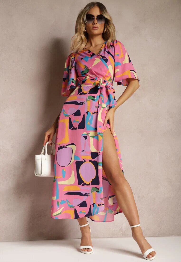 retro & icone Rochie petrecută roz cu decolteu triunghiular și curea din material în talie Minolia
