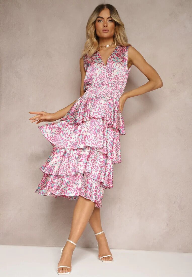 retro & icone Rochie petrecută Roz cu elastic în talie și volane Dimolla