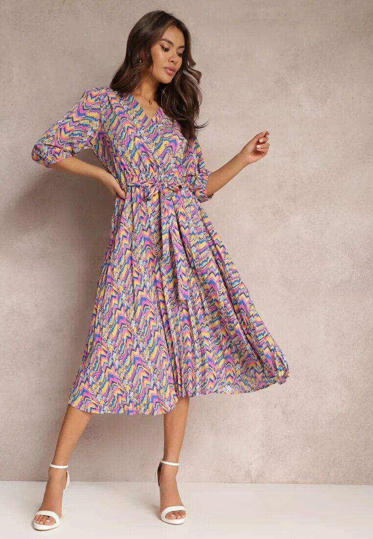 retro & icone Rochie Plisată Maxi Albastru-Roz cu elastic în talie și curea Sangelo