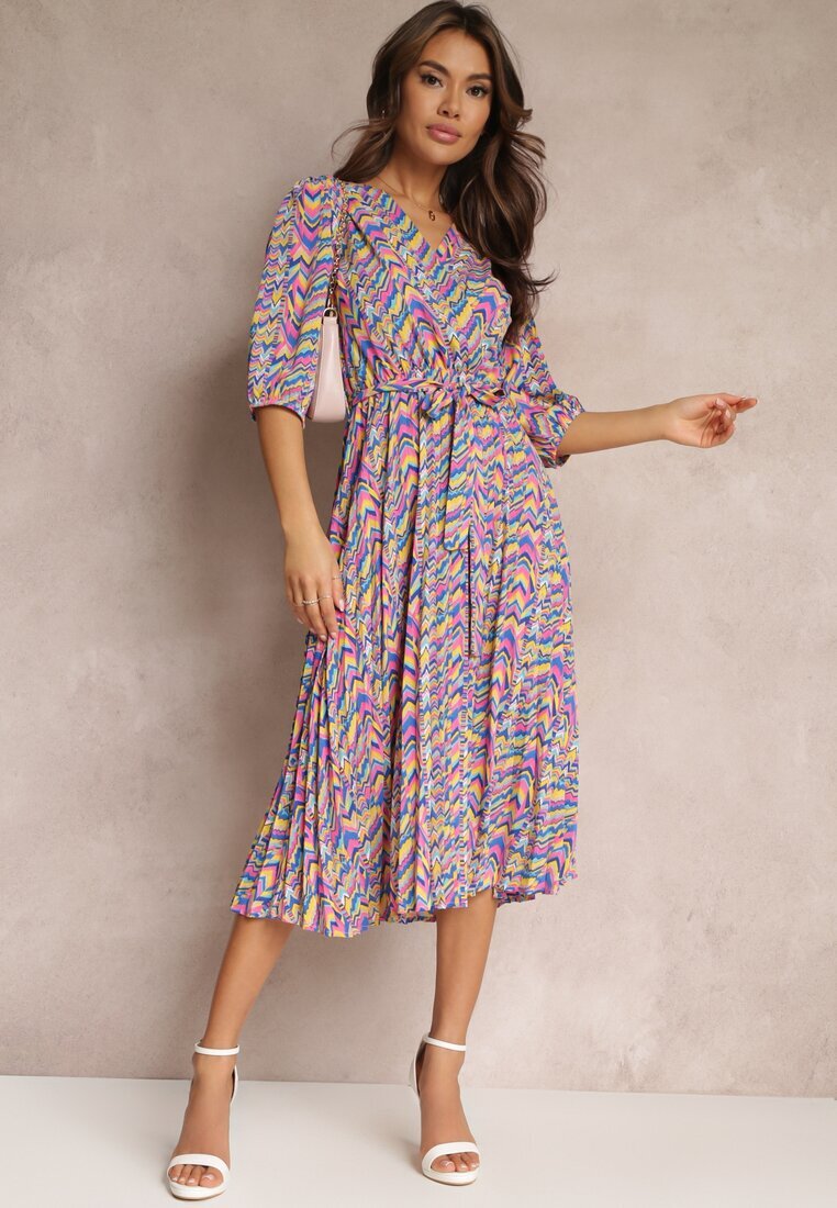retro & icone Rochie Plisată Maxi Albastru-Roz cu elastic în talie și curea Sangelo