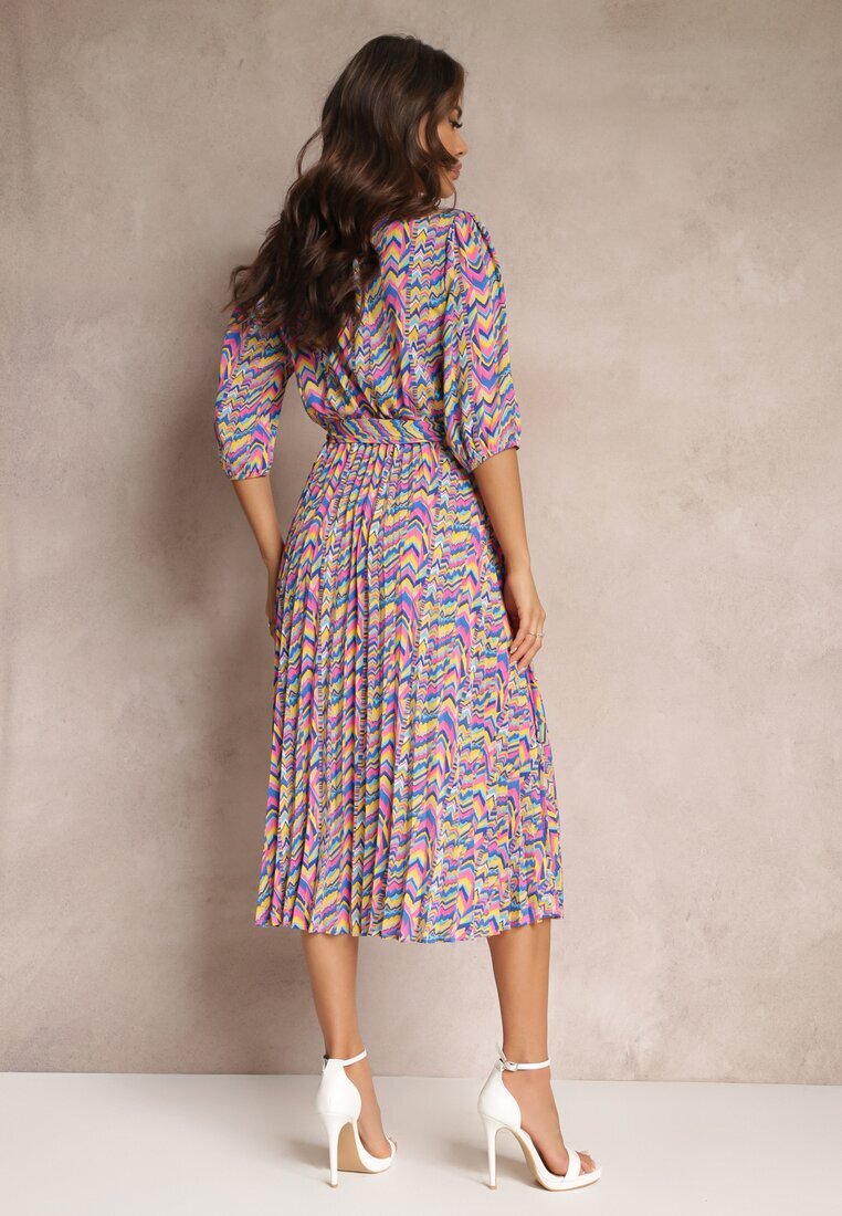 retro & icone Rochie Plisată Maxi Albastru-Roz cu elastic în talie și curea Sangelo