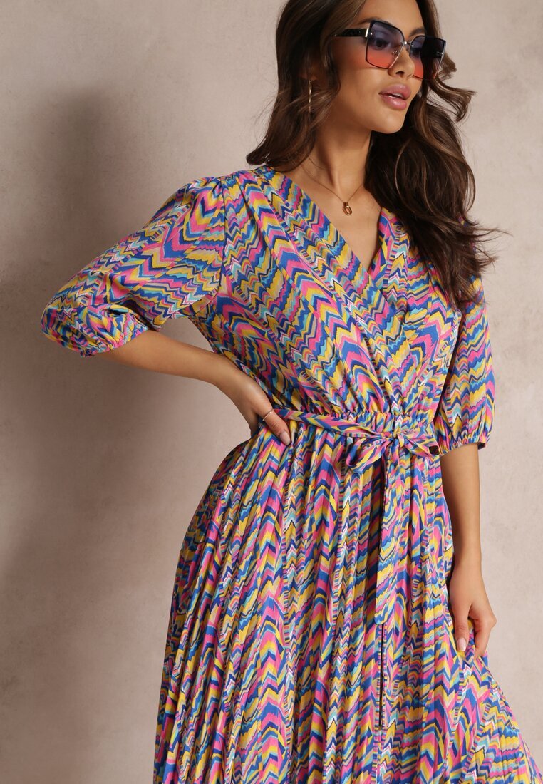retro & icone Rochie Plisată Maxi Albastru-Roz cu elastic în talie și curea Sangelo