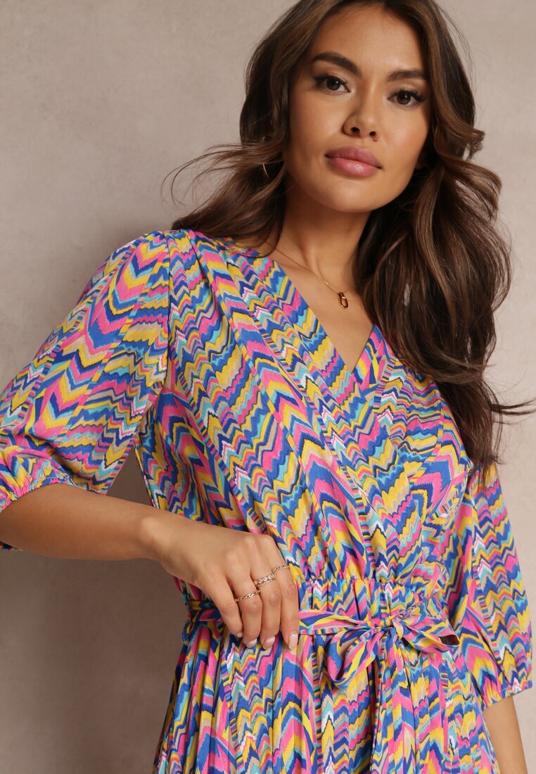 retro & icone Rochie Plisată Maxi Albastru-Roz cu elastic în talie și curea Sangelo