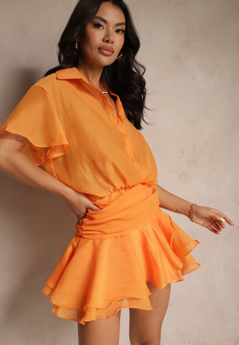retro & icone Rochie Portocalie tip cămașă cu mânecă scurtă decorată cu volane Mirenora