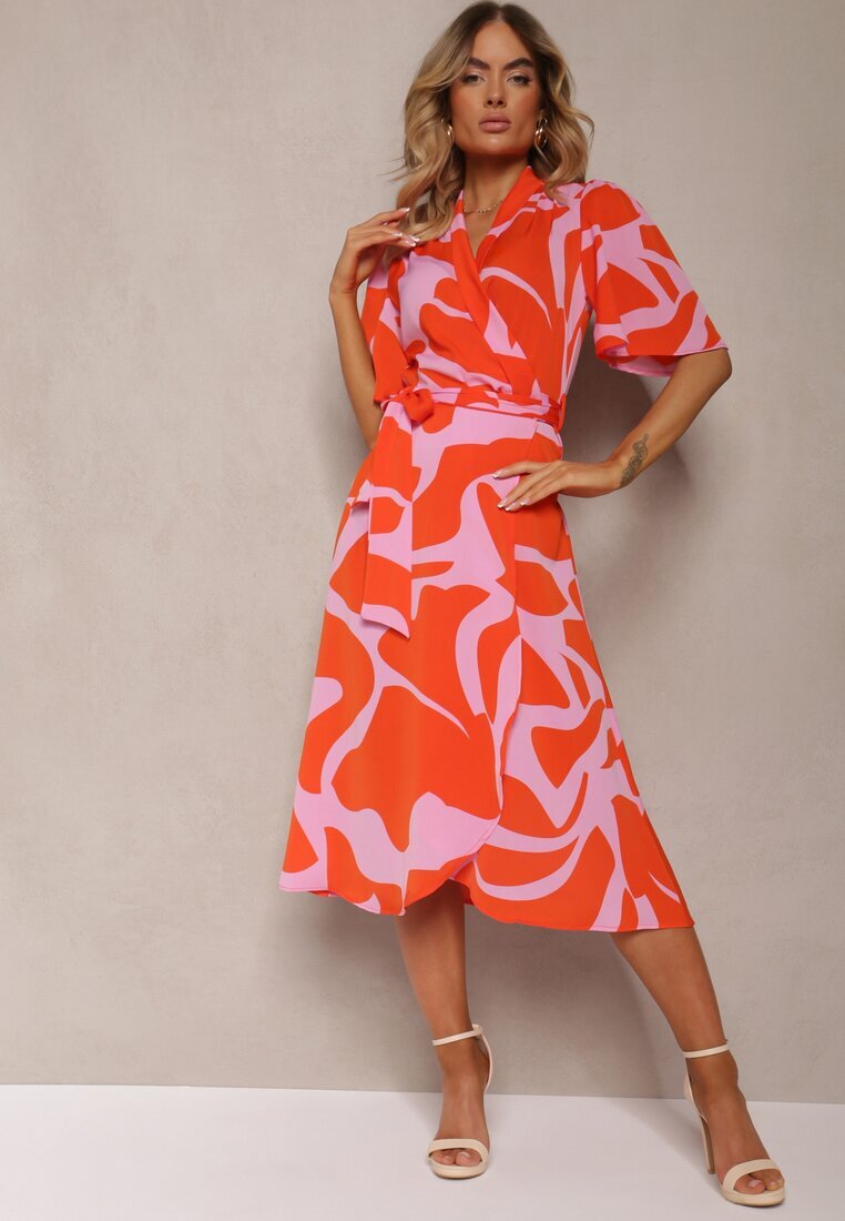 retro & icone Rochie Portocaliu-Roz Petrecută cu Legătură în Talie Uzilena