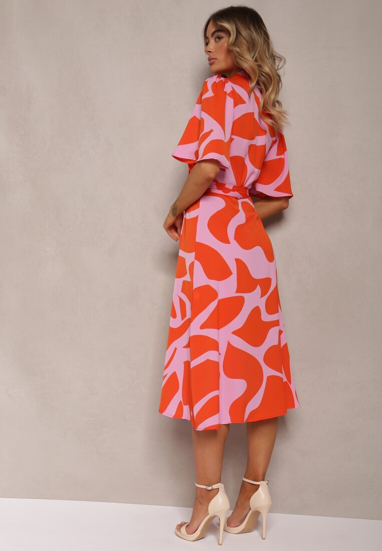 retro & icone Rochie Portocaliu-Roz Petrecută cu Legătură în Talie Uzilena