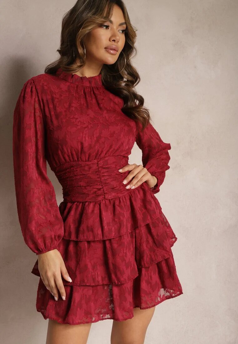 retro & icone Rochie roșie de dantelă cambrată cu volane Odrasja