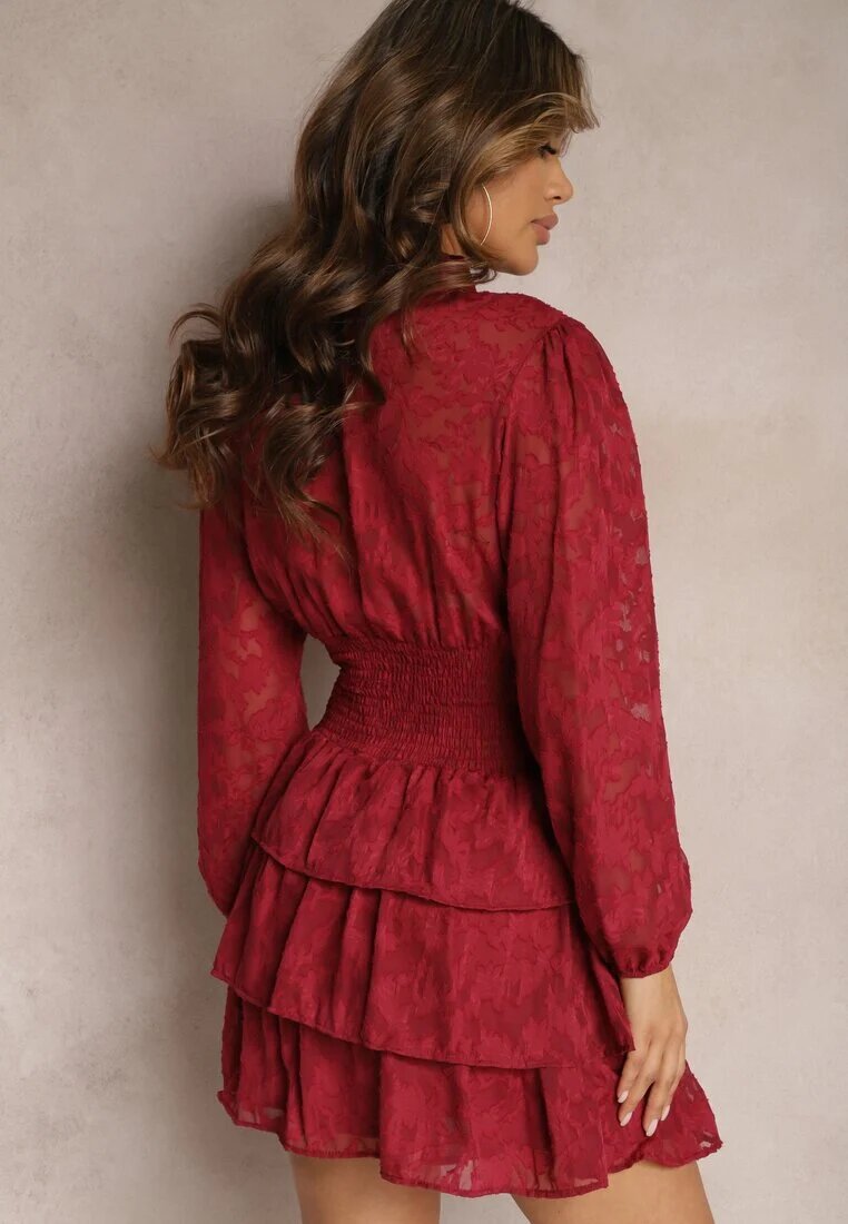 retro & icone Rochie roșie de dantelă cambrată cu volane Odrasja