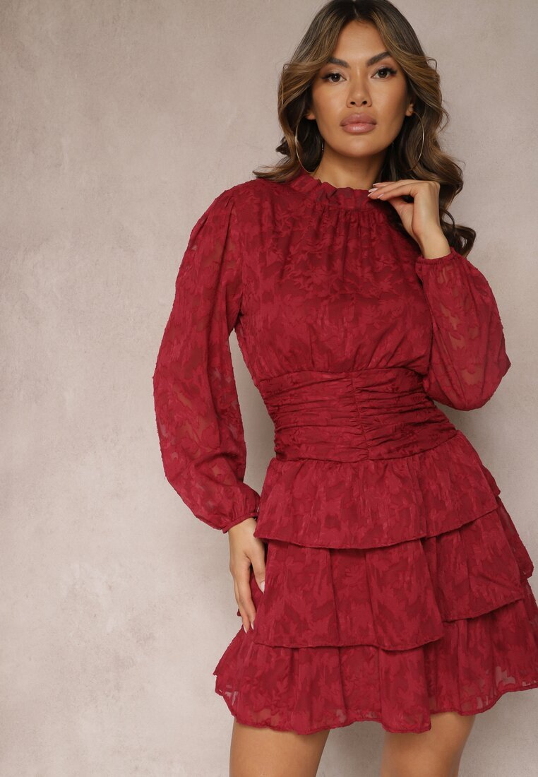 retro & icone Rochie roșie de dantelă cambrată cu volane Odrasja