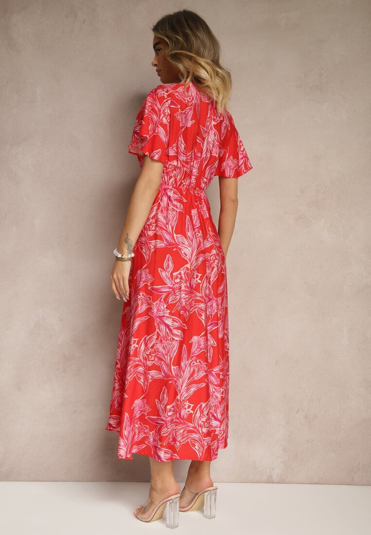 retro & icone Rochie Roșie din Viscoză cu Încrețituri și cu Imprimeu Abstract Lanittra