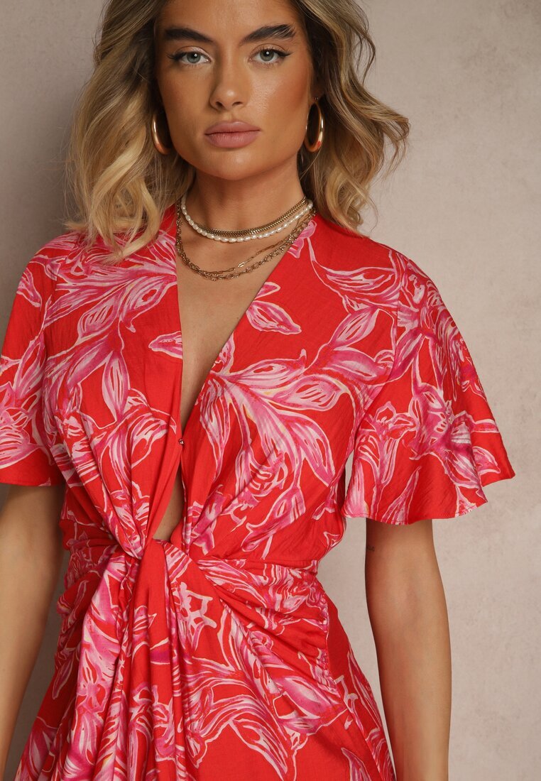 retro & icone Rochie Roșie din Viscoză cu Încrețituri și cu Imprimeu Abstract Lanittra
