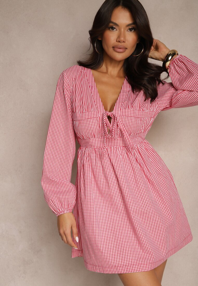 retro & icone Rochie Roșie Evazată cu carouri Vichy cu legătură la decolteu Koemis