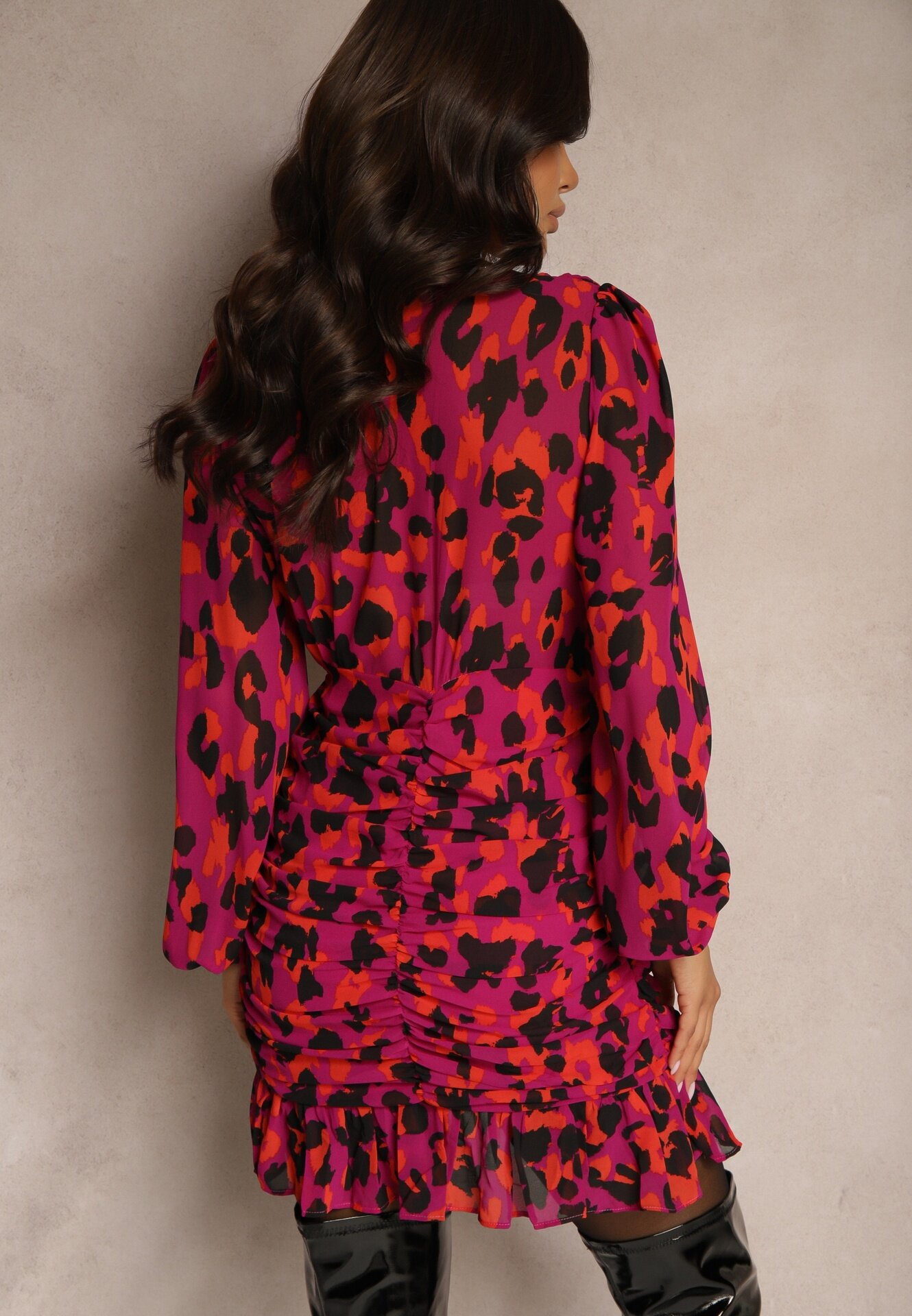 retro & icone Rochie Roșie Înncrețită Cambrată Leopard Cu decolteu petrecut Cu capsă Cu volane Sintleia