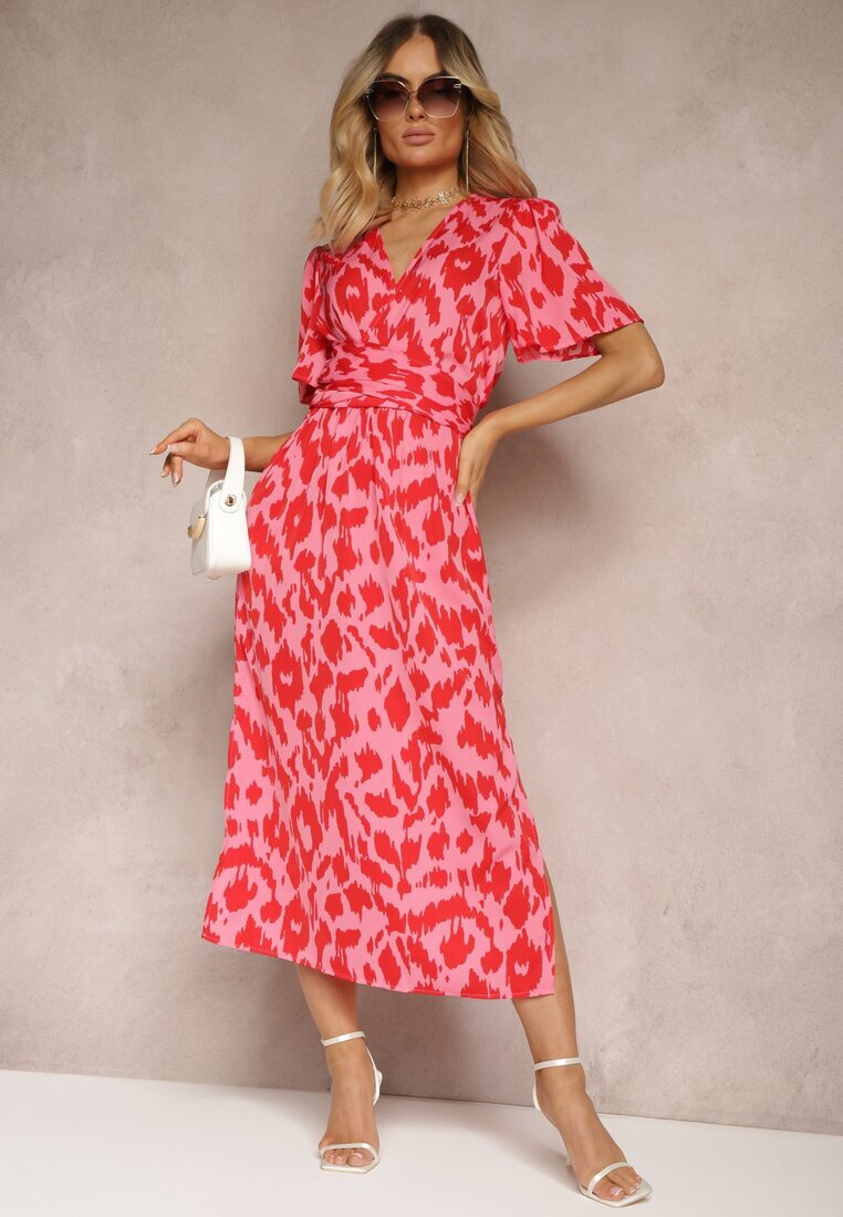 retro & icone Rochie Roșu-Roz cu Decolteu Petrecut și Decupaje Decorative cu Elastic în Talie și Curea Bonlea