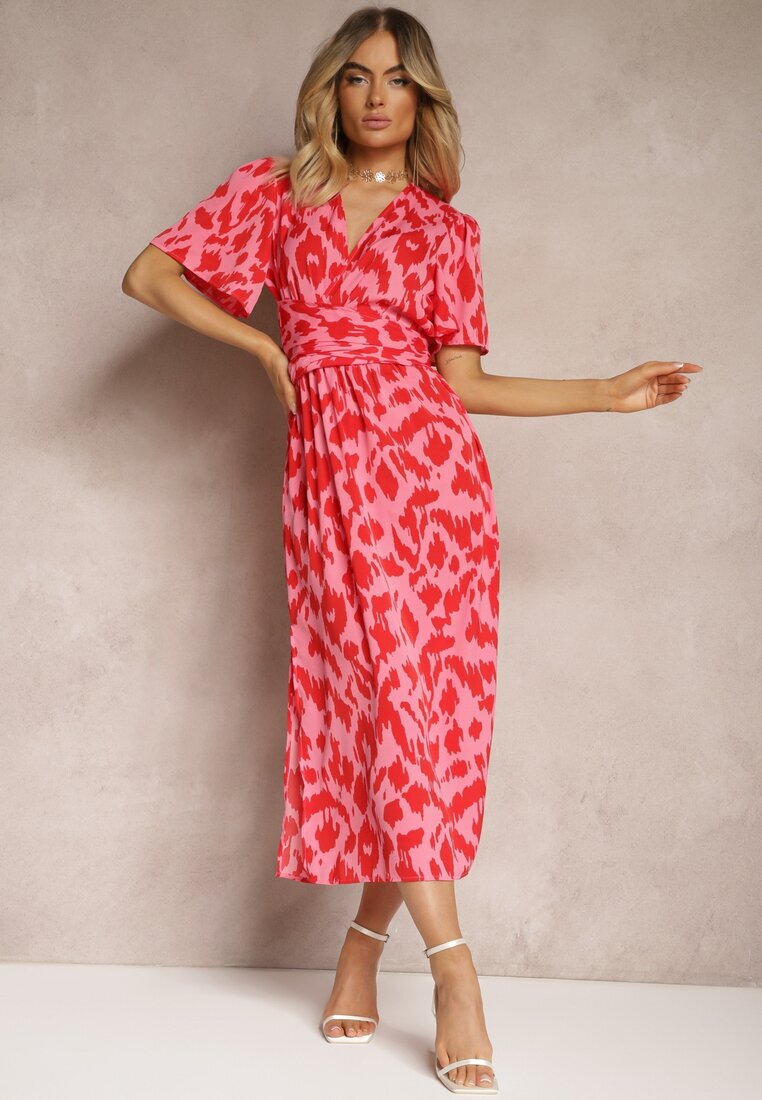 retro & icone Rochie Roșu-Roz cu Decolteu Petrecut și Decupaje Decorative cu Elastic în Talie și Curea Bonlea