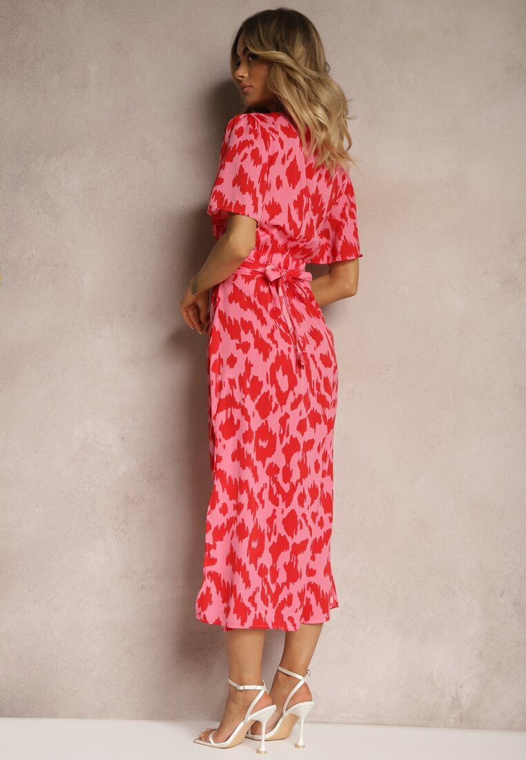 retro & icone Rochie Roșu-Roz cu Decolteu Petrecut și Decupaje Decorative cu Elastic în Talie și Curea Bonlea