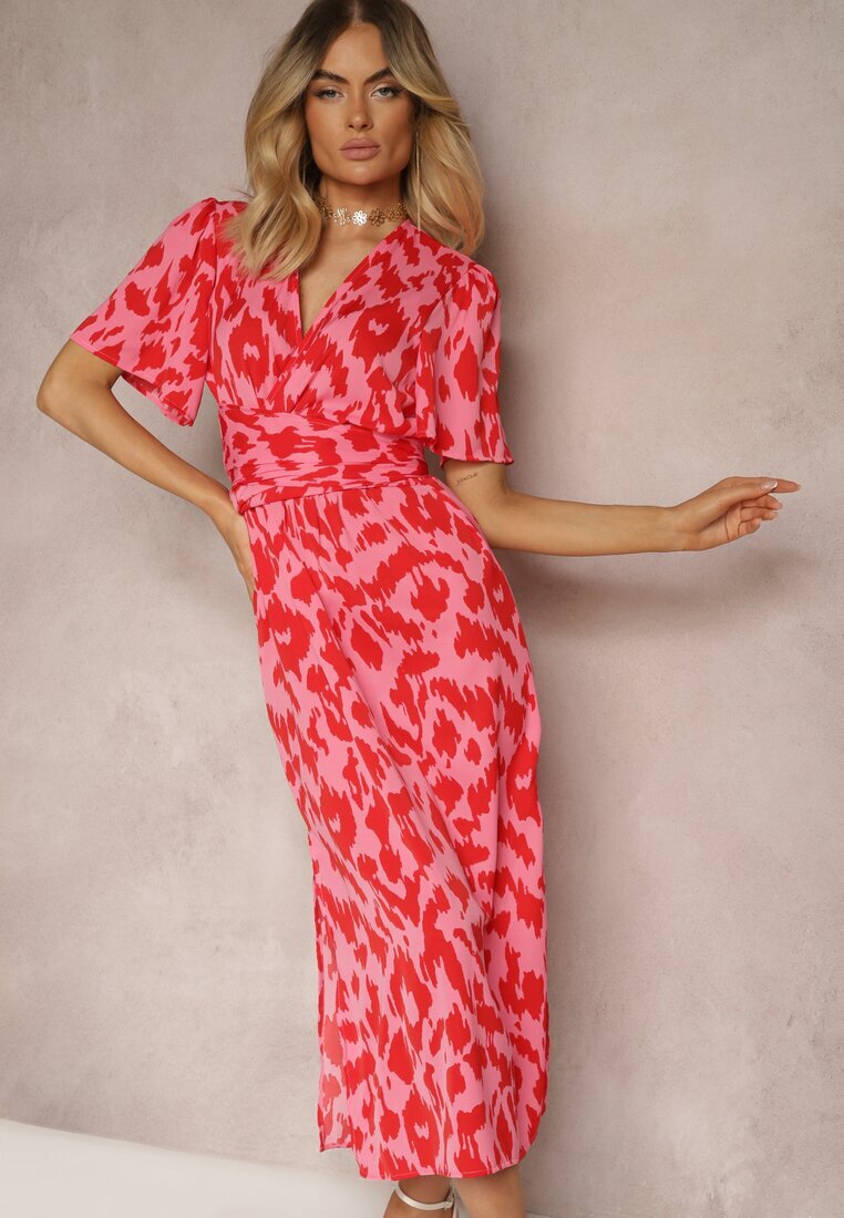 retro & icone Rochie Roșu-Roz cu Decolteu Petrecut și Decupaje Decorative cu Elastic în Talie și Curea Bonlea