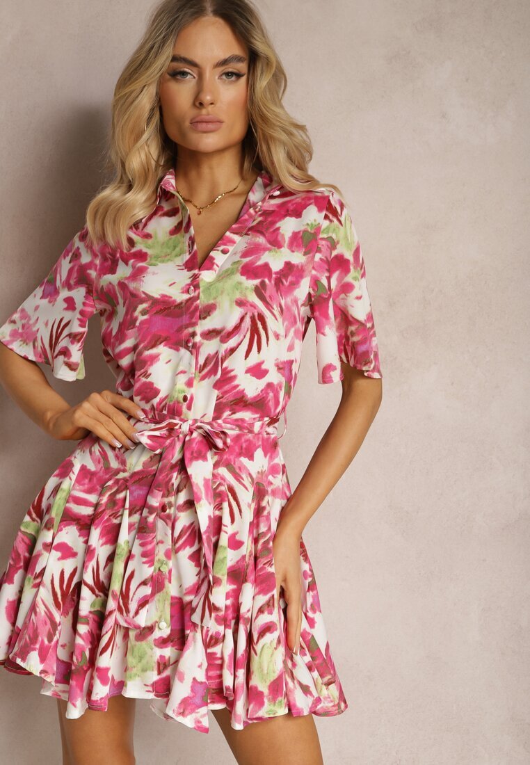 retro & icone Rochie Roz-Albă cu volane cu nasturi cu cordon din material și mânecă scurtă Uvinara