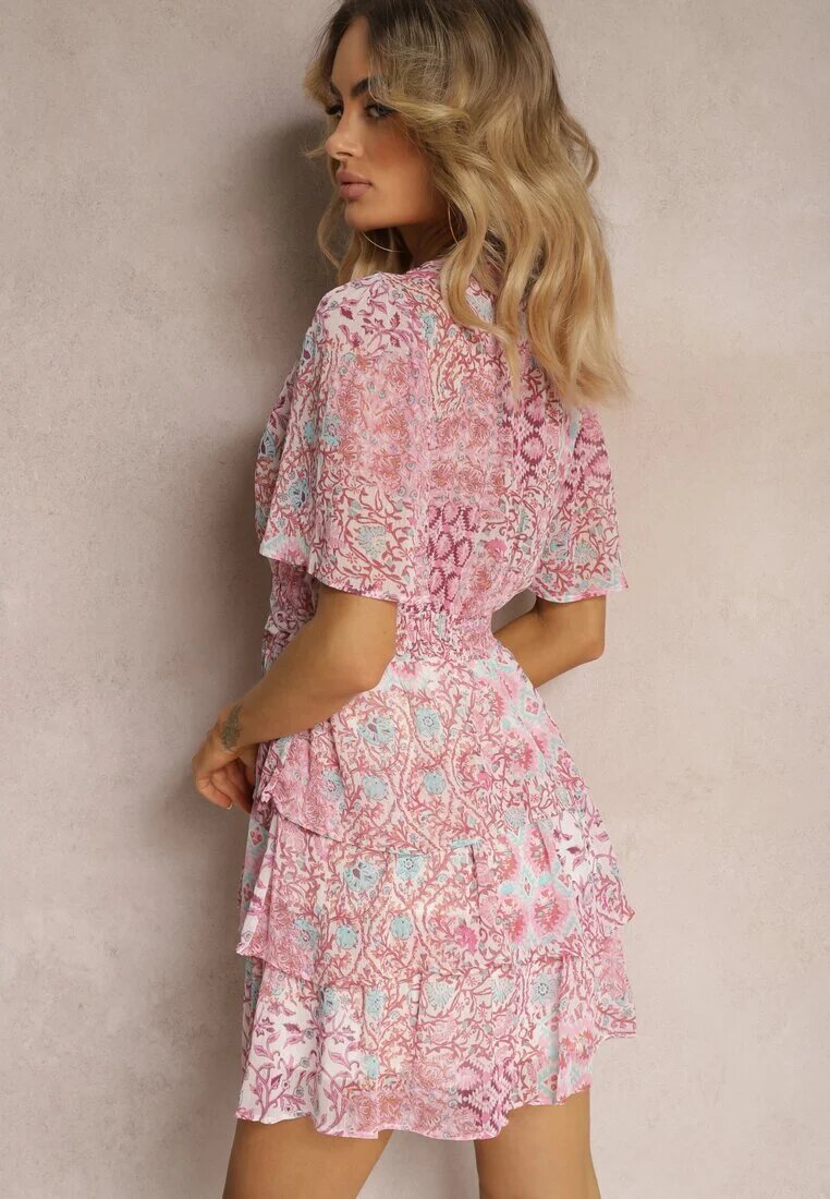 retro & icone Rochie Roz cu Croială Cloș cu Volane și Elastic în Talie Quireria