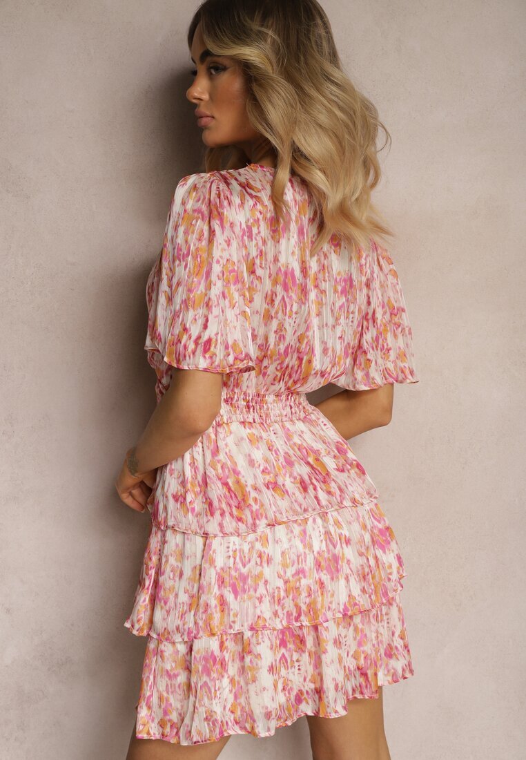 retro & icone Rochie Roz cu Decolteu Plic și Elastic în Talie cu Volane cu Fir Metalic Xailea