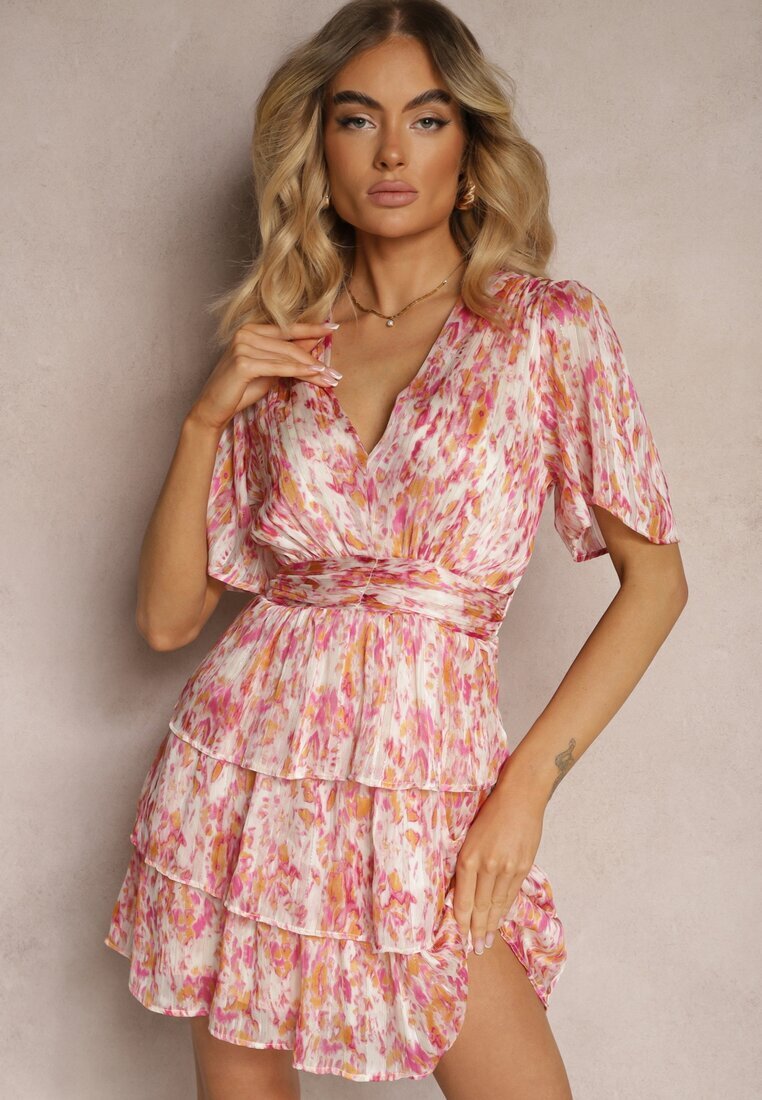 retro & icone Rochie Roz cu Decolteu Plic și Elastic în Talie cu Volane cu Fir Metalic Xailea