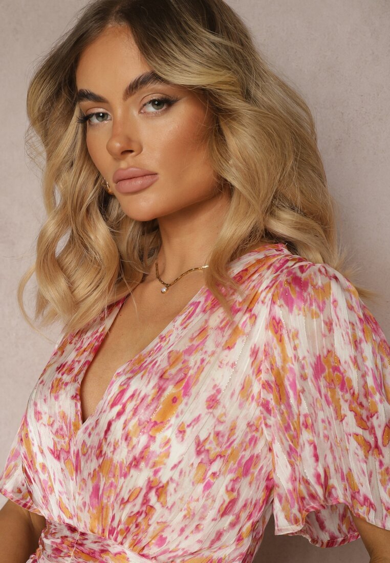 retro & icone Rochie Roz cu Decolteu Plic și Elastic în Talie cu Volane cu Fir Metalic Xailea