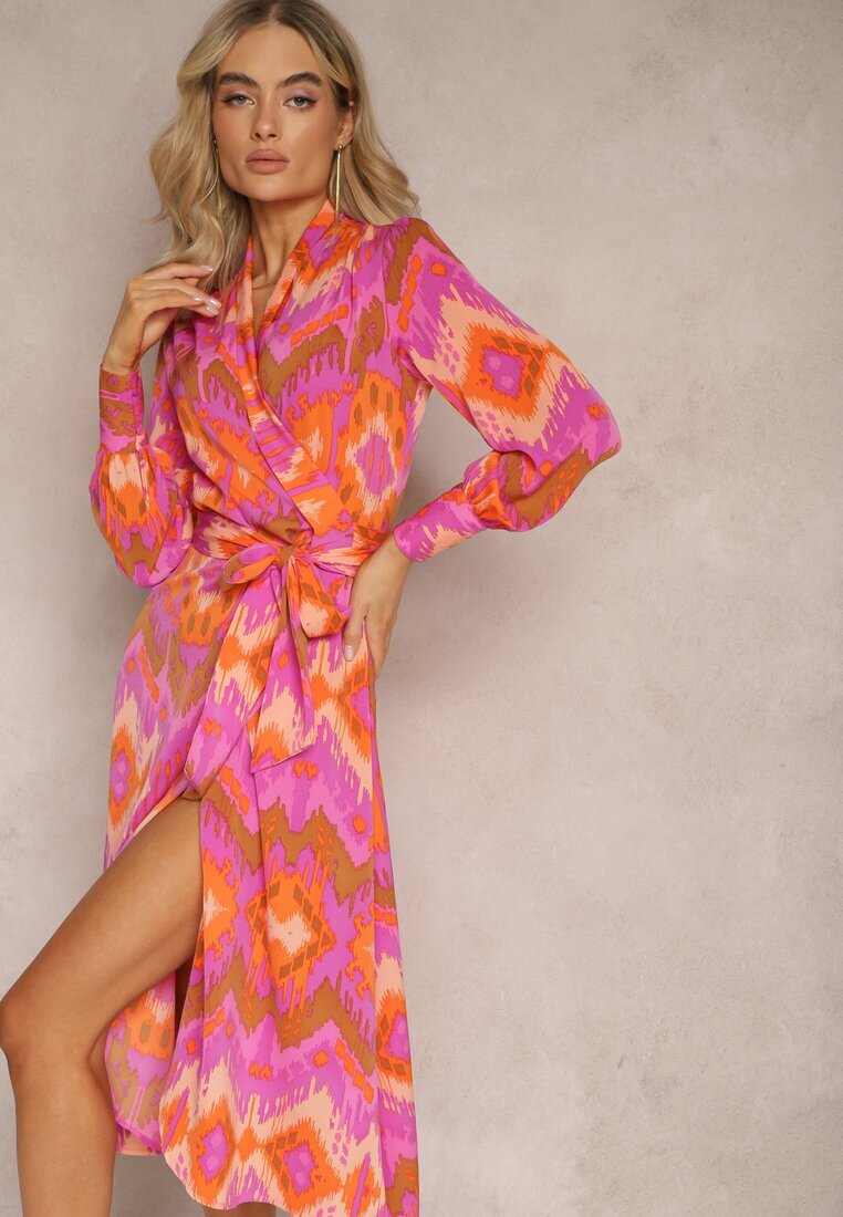 retro & icone Rochie Roz Midi cu Model Ikat cu Decolteu Petrecut și Curea Erdda