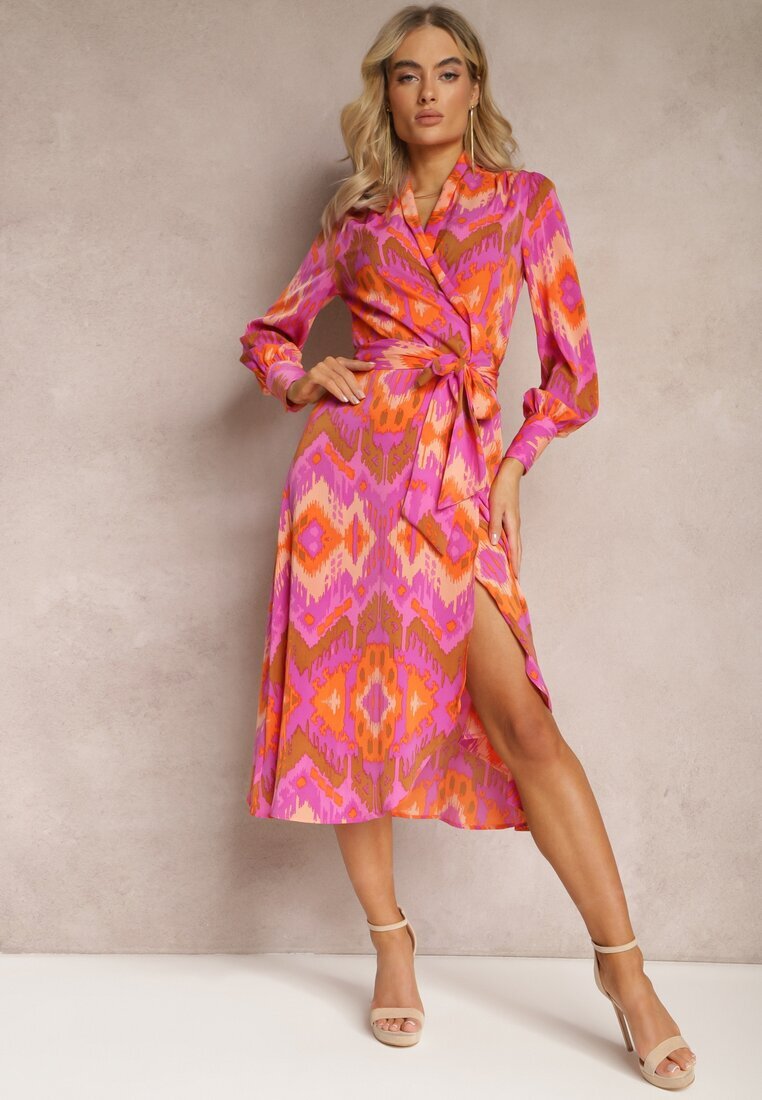 retro & icone Rochie Roz Midi cu Model Ikat cu Decolteu Petrecut și Curea Erdda