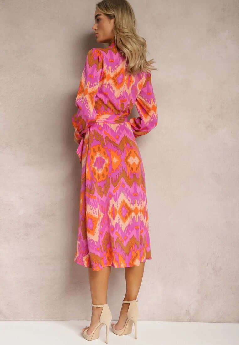 retro & icone Rochie Roz Midi cu Model Ikat cu Decolteu Petrecut și Curea Erdda